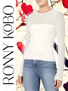 RONNY KOBO Off White Long Sleeve Sheer Ribbed Stretchy Sweater Top M L